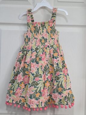 Girls Joie Pink, Green & Orange Floral Sundress with Pom Trim And Matching Hat